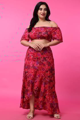 Red Floral Printed Crop Top with Skirt-4XL / 5XL / Red