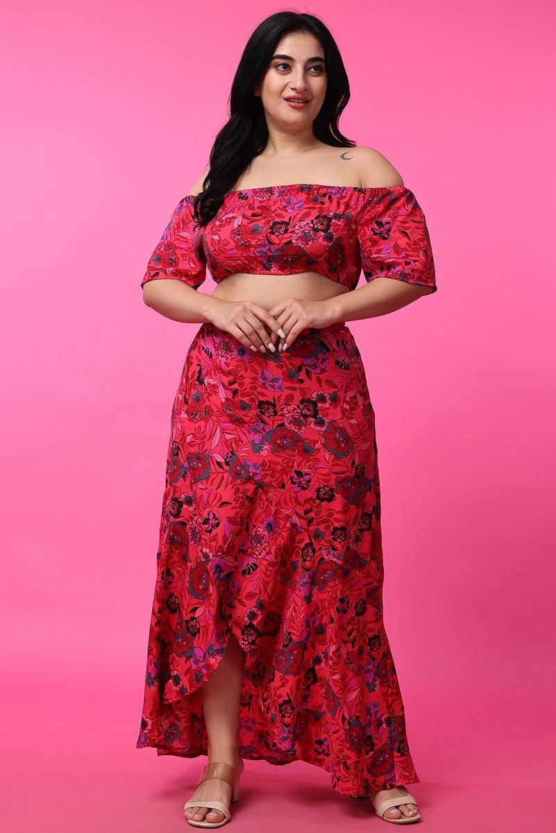 Red Floral Printed Crop Top with Skirt-4XL / 5XL / Red