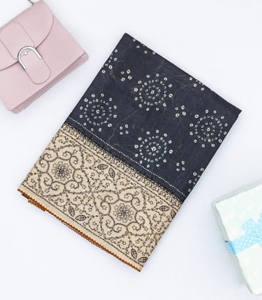 Black Handloom Tussar Silk Saree Printed With Dotted Motifs-Black