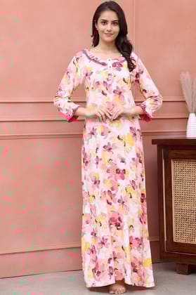 Pink Color Floral Printed Viscose Rayon Maxi Nightdress-M