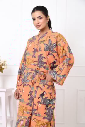 Waffle Cotton Handblock Printed Unisex Bathrobe - Free Size
