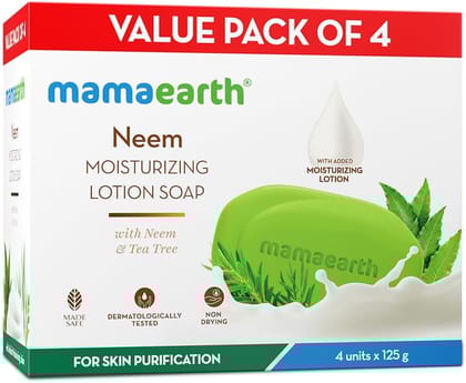 Mamaearth Neem Moisturizing Lotion Soap with Neem & Tea Tree for Skin Purification (Value Pack Of 4)-125 gX4 Units For Skin Protection|Soothes Inflammation|Deeply Cleanses|76% TFM Grade 1 Soap