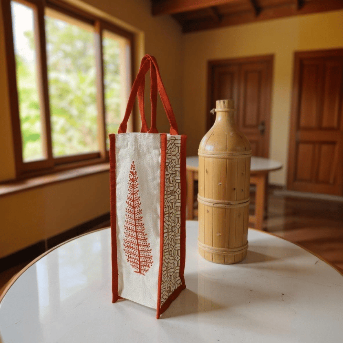 Handcrafted Block Printed Cotton Bottle Bag | Reusable | Rust