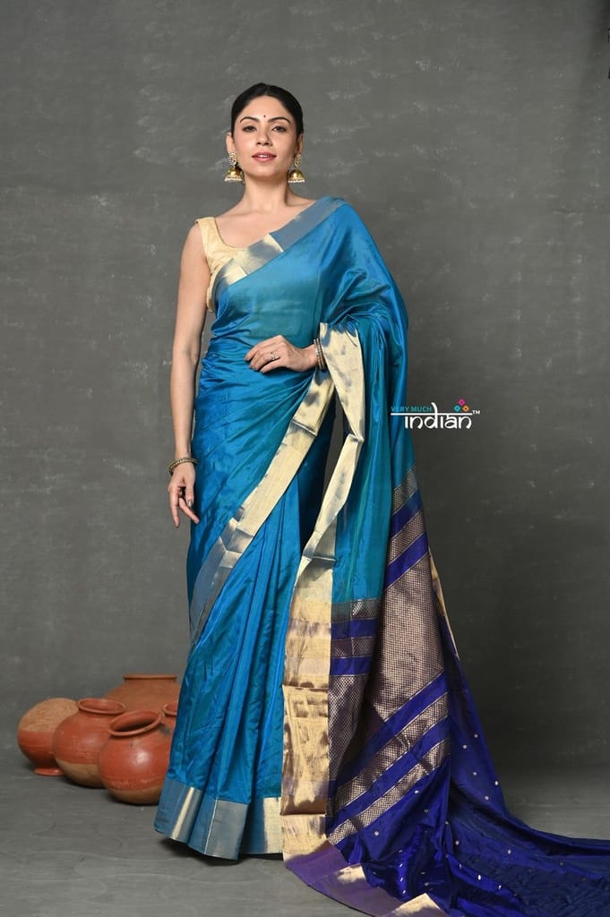 Tyohaar ~ Handloom Pure Chanderi Cotton Silk Saree With Golden Border - Blue - Sarees | Buy online on ZillyBuy