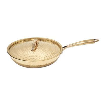 Artarium Premium Brass Non Stick Frying Pan Pital Hammered Peetal Serving Pan with Heat Resistant Handle & Lid Ideal for Cooking Cookware with Ayurvedic Health Benefits (1.6 Litre)
