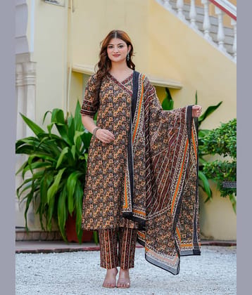 Yash Gallery Women Cotton Printed Straight Kurti With Pants ( Mustard )