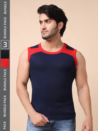Men's Assorted Pack of 3 Solid Combed Cotton Racerback Styled Gym Vest Men's Assorted Pack of 3 Solid Combed Cotton Racerback Styled Gym Vest