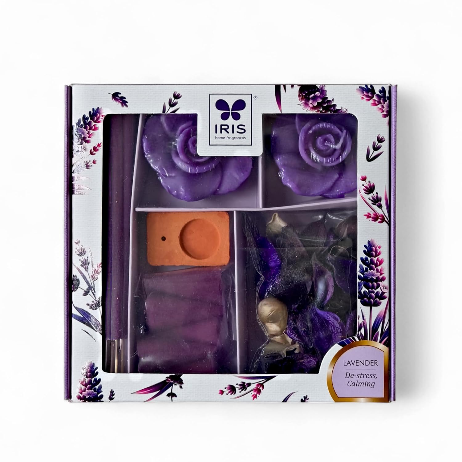 IRIS Lavender Fragrance Gift Set | Floating Candles, Incense Sticks, Incense Cones, Potpourri & Incense Holder | for Home Decor & Gifting.