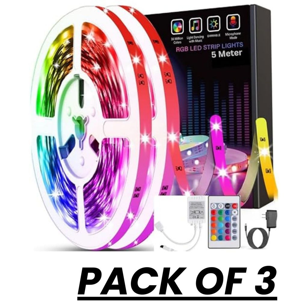 SPARKWORLD RGB LED Strip Lights 5 Meter Music Sync, Remote Controlled, Multicolor Mood Lighting (Pack of 3) | Colour: RGB With Remote - Electricals | Buy online on ZillyBuy