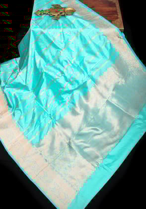Cyan Stunning Pure Katan Silk Banarasi Saree with zari stripes and zari Border| SILK MARK CERTIFIED