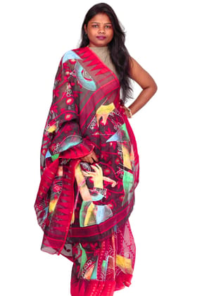 Tisser Artistic Jamdani Cotton Handpainted Saree with Blouse Piece – Bold Red