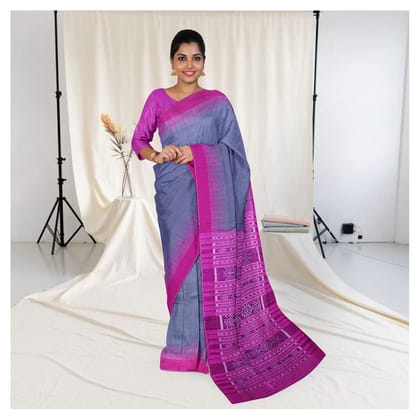 Desaturated Dark Blue Temple Border Tussar Silk Saree