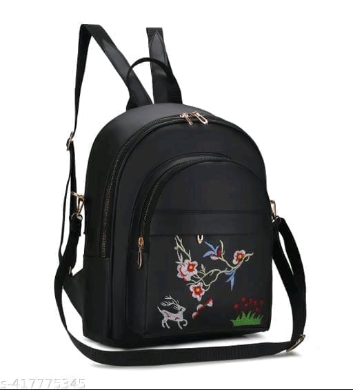 Black Floral Embroidered PU Leather Backpack
