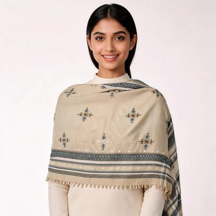 Beige Woolen Geometric Embroidered Shawl For Women