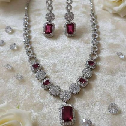 AD Emerald-Cut Pink Sapphire or Cubic Zirconia Halo Necklace and Earring Set. AD Emerald-Cut Pink Sapphire or Cubic Zirconia Halo Necklace and Earring Set.