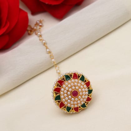 Maroon & Green Color Meena Work Borla Tikka (MTK549MG)-Length: 13.00 CM x Width: 2.50 CM / Green / Alloy With Good Quality Gold Plated