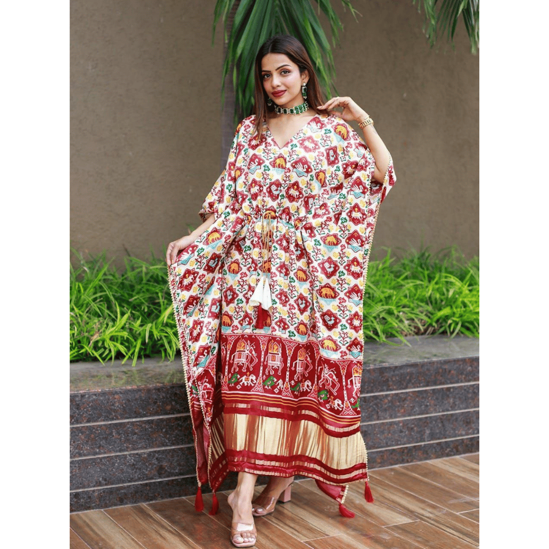 Multi Design on Kaftan in Red Color with Fumka and Latkan by GlamaStitch-Free Size Up To XXL-44