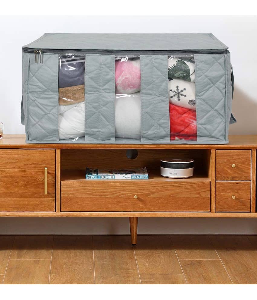 PrettyKrafts Underbed Fabric Storage Box Clothing Organizer with 3 Partitions, Grey, Rectangular (Pack of 1)