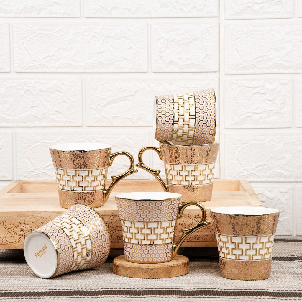 Femora Gold Pattern on Golden Mugs, Ceramic Tea Cups, Coffee Mugs (160 ml, Golden) - 6 Pcs Set