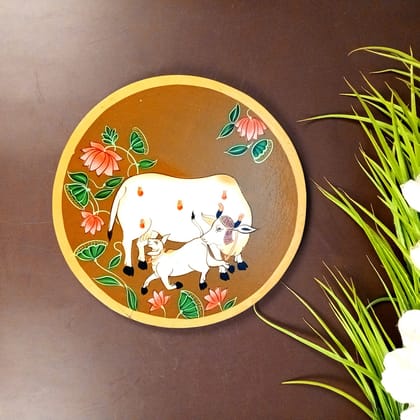 Wall Plate | Wooden Wall Hanging Plates - Pichwai Cow Wall Art - For Home Decor, Living Room, Bedroom, Office | Gift for Wedding, Housewarming - 10 Inch-Brown