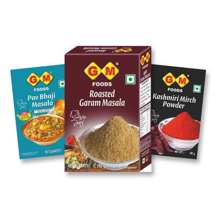 GM Foods Sunday Pav Bhaji Special Combo | Pav Bhaji Masala, Roasted Garam Masala & Kashmiri Red Chilli Powder | 3 x 100g Pack, Total 300g GM Foods Sunday Pav Bhaji Special Combo | Pav Bhaji Masala, Roasted Garam Masala & Kashmiri Red Chilli Powder | 3 x 100g Pack, Total 300g