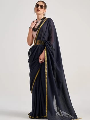 Black Mul Mul Cotton Saree With Blouse