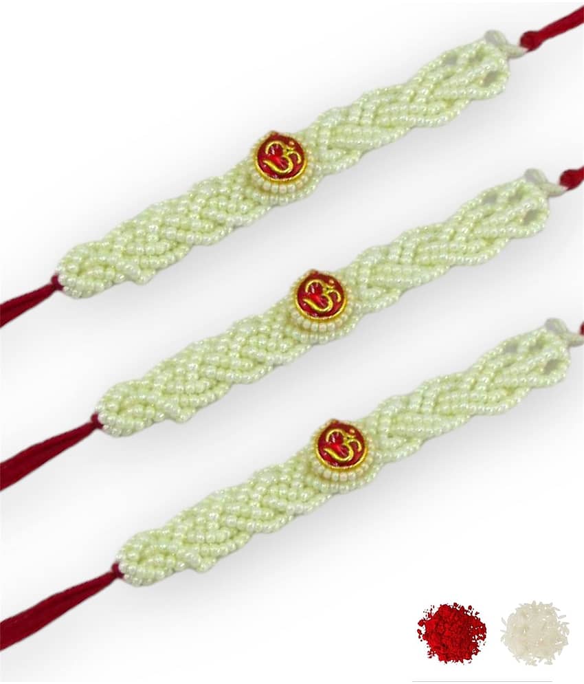 THRIFTKART Rakhi Set White White Pearl OM RAKHI FOR BHAI Pack of 2