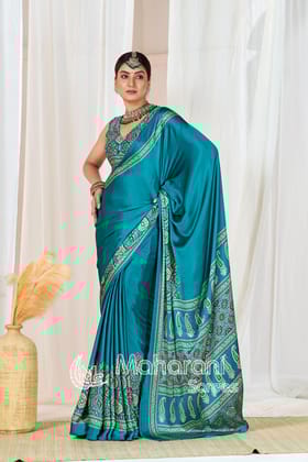 Rama Ajrakh Printed Modal Silk Plain Saree With Ajrakh Blouse P6