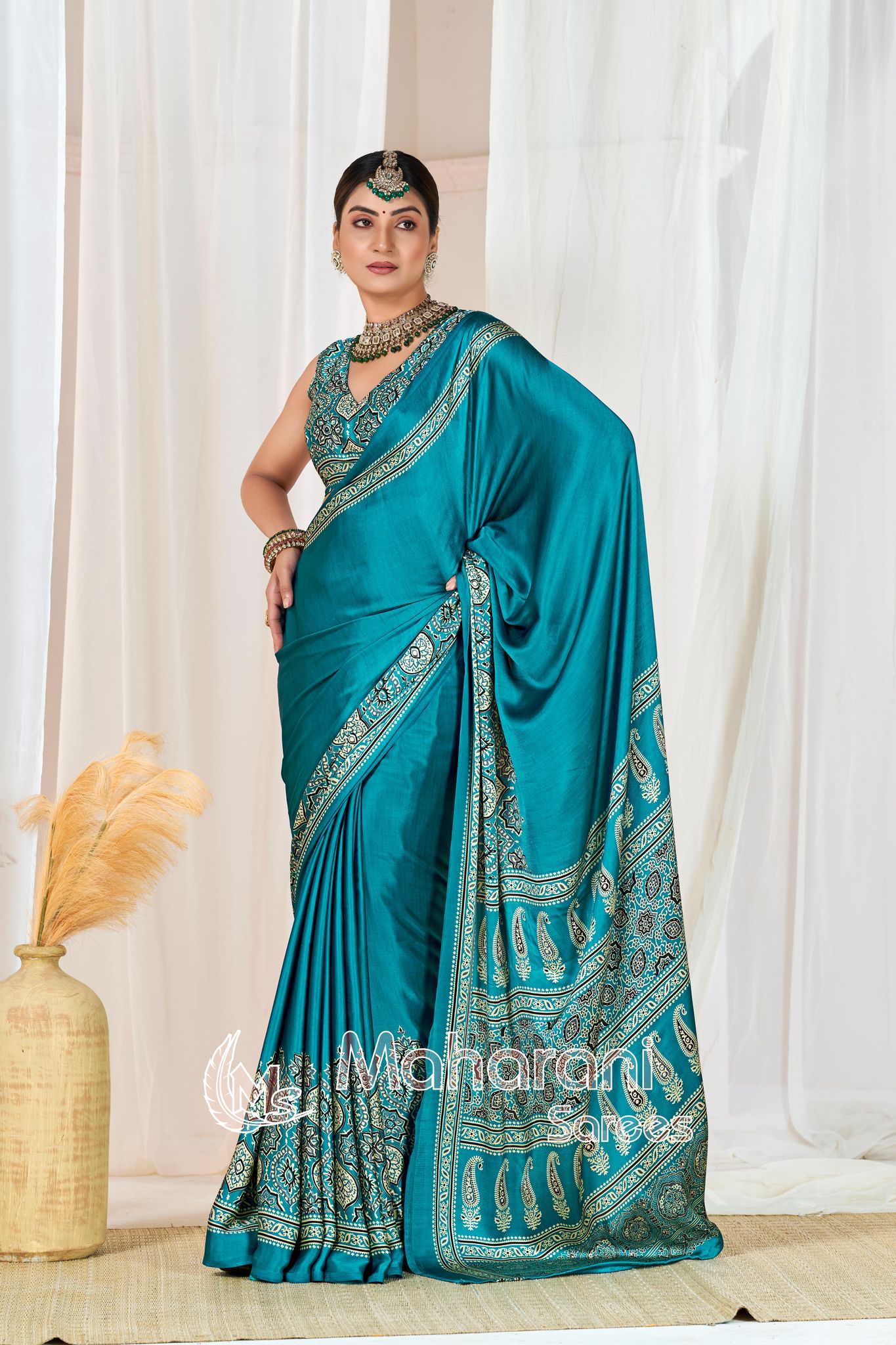 Rama Ajrakh Printed Modal Silk Plain Saree With Ajrakh Blouse P6