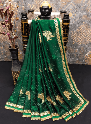 Women's  New Latest Bollywood Fancy Party Wear Premium Jimmi Chu embroidery and  Swaroski  Work with Fancy cut work border Saree With Blouse