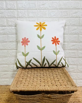 Indihomecraft Handicraft Cotton Cushion Cover - Hand Stitched Embroidery Decorative Art Boho Pillow Flower Printed Pillow Cover | Square Shape 18X18 Inches Cushion Cover, Set of 1