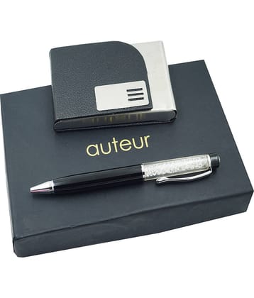 auteur 2in1 Corporate Gift Set Crystal Diamond Black (Blue Ink) Ball Pen With Premium RFID safe Black Pu Leather Card Wallet Magnetic Clouser Ideal for Every Gifting Occasion| Gift For Men|Women|Boss|Friends|Birthday|Anniversary(VCH52)