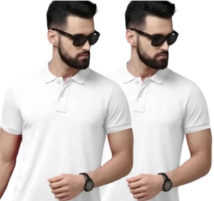 WILD MONSTER Men Solid Polo Neck Reversible Cotton Blend White T-Shirt XXL