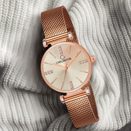 Carlington Elite Ladies Self Adjustable Mesh Strap Water Resistant Analog Watch - For Women CT2011-Rosegold