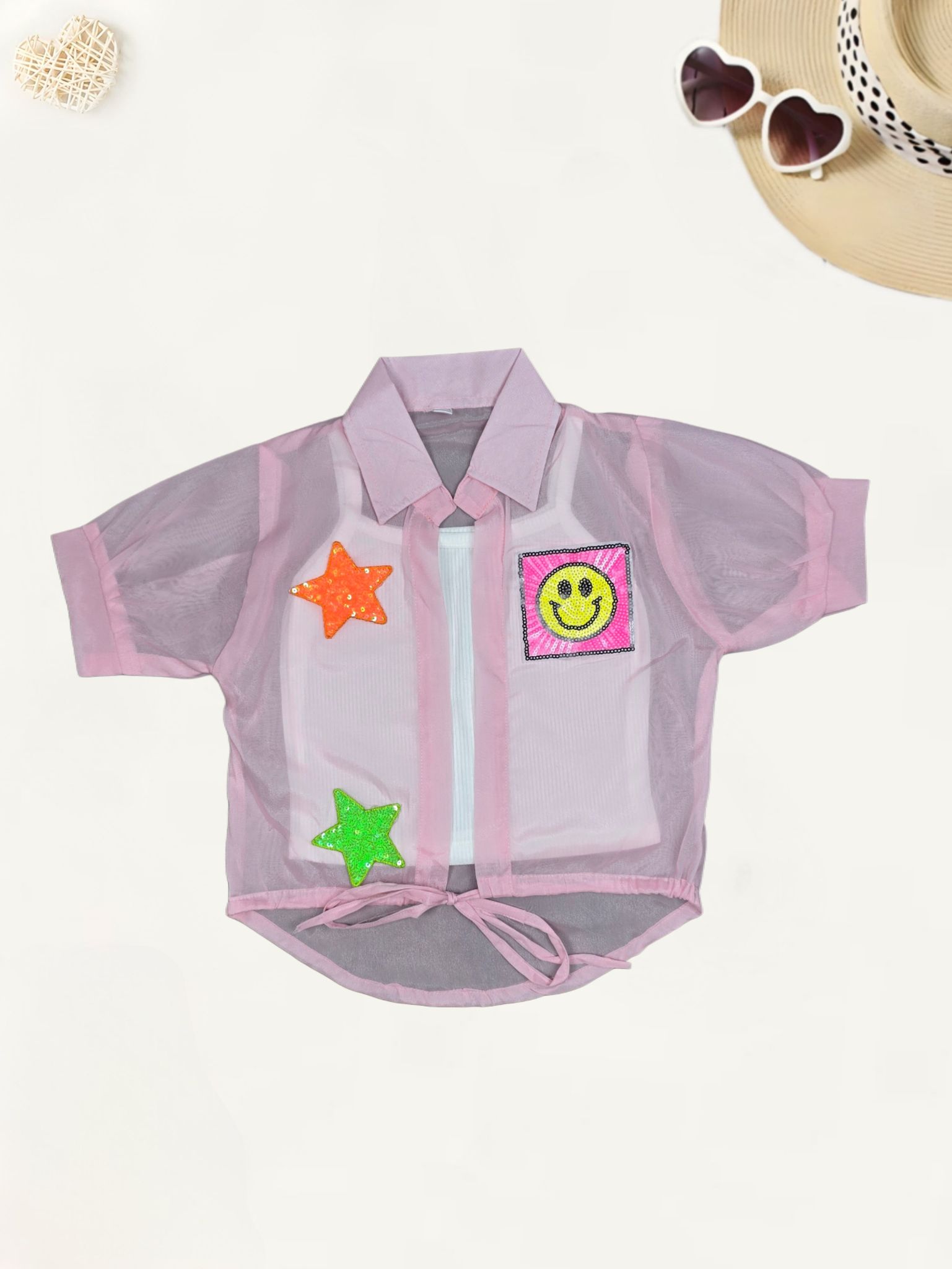 Girls 2-piece Fancy Baby Pink Shirt  [GT-478] [4-12Years]-5-6Y (Size - 26) / Baby Pink / Organza & Ribbed