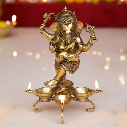 Brass Dancing Ganesha Oil Lamp Deepak 4 Wicks  - Devotional Puja Deepak, Height : 13 Inch (BSMAS1186 A)