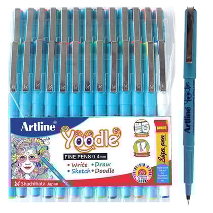 Artline Yoodle Fine Pen 0.4 Pack of 25 with Vibrant Colours | For Artist, Painters Specially in Writing, SKetching, Drawing & Doodling