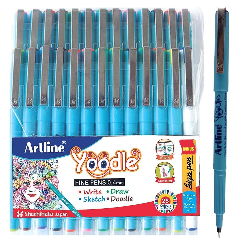 Artline Yoodle Fine Pen 0.4 Pack of 25 with Vibrant Colours | For Artist, Painters Specially in Writing, SKetching, Drawing & Doodling