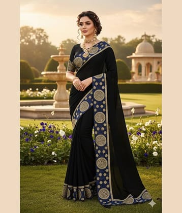 Vkaran Georgette Printed Regular Saree With Unstitched Blouse Piece ( Black )