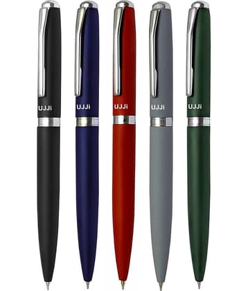 UJJi Mix 5 Color Matte Finish Body Pack of 5 Twist Mechanism (Blue Ink) Metal Ball Pen