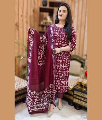 piludi Viscose Printed Kurti With Pants Women's Stitched Salwar Suit - Wine ( Pack of 1 )