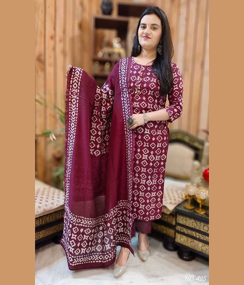 piludi Viscose Printed Kurti With Pants Women's Stitched Salwar Suit - Wine ( Pack of 1 )
