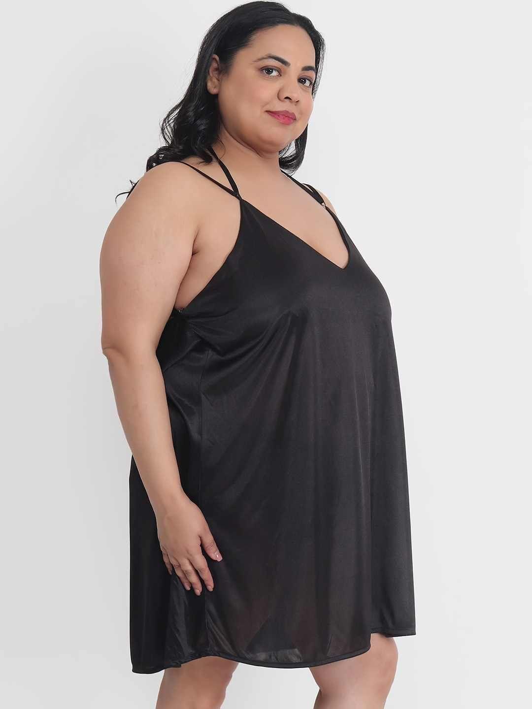 Plus Size Sexy Solid Satin Black Babydoll and Bikini Dress Dress for Honeymoon BB37K