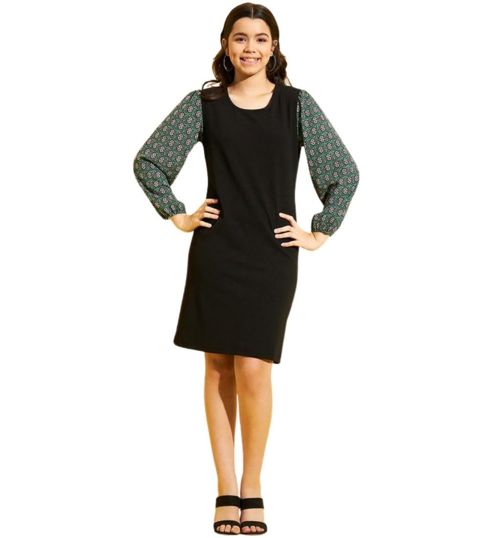 Girl's Polyester Blended Printed Sleeveless Dress (Green-Black, 9-10-Yrs)-PID66044