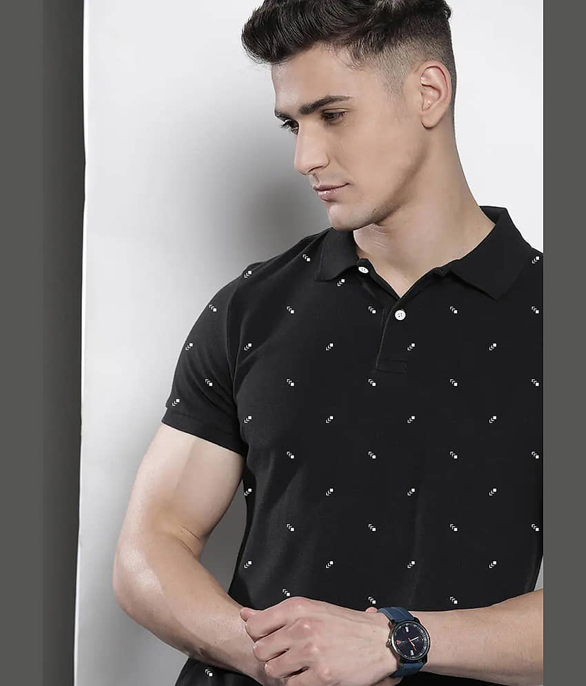 Merriment Pack of 1 Cotton Blend Regular Fit Printed Half Sleeves Men's Polo T Shirt ( Black )