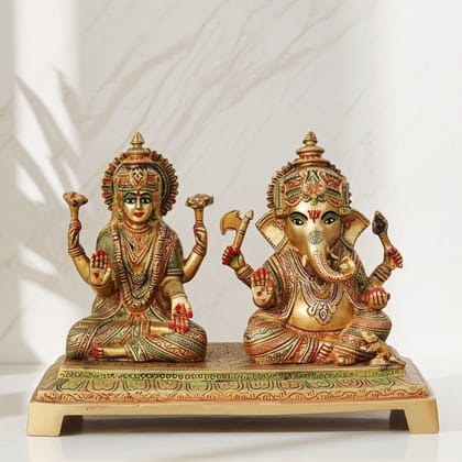 Brass Laxmi Ganesh Puja Idol | Premium Brass Murti for Mandir, Height : 7.3 Inch (BSMAS1246 B)