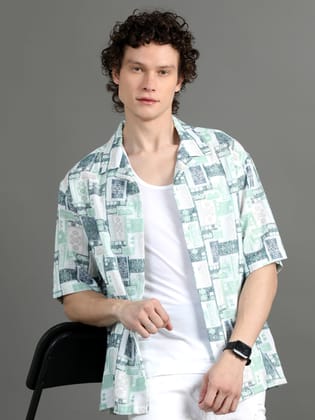 Premium Men Summer Shirt, Oversized Fit, Viscose Rayon, Half Sleeve, Printed-S / Printed White