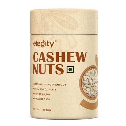 Elegity 100% Natural W210 Plain Cashew Papertube 200 gm | Whole Kaju - Nutritious, Delicious & Crunchy | No Added Preservatives in Dry Fruit | Source of Fibre, Rich in Protein