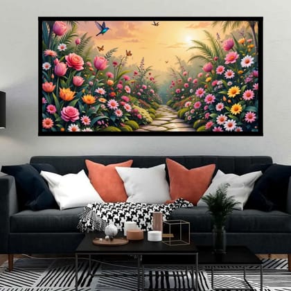 Luminary Vibrant Wildflower Field Under Morning Sun – Nature Canvas Painting For Decor | Frame Size (127 X 69 Cm) | Frame Type (Black) | 5-Year Warranty