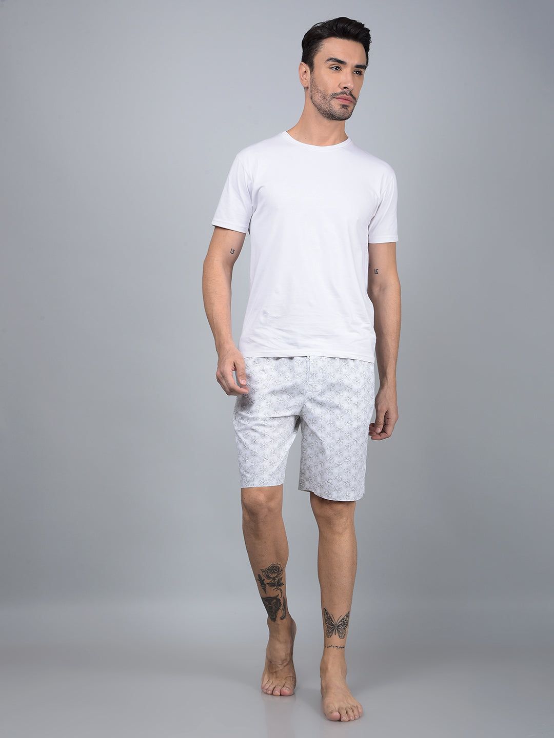 White Floral Print 100% Cotton Lounge Shorts-M / White